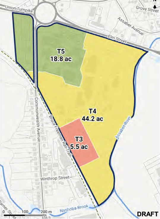 A draft zoning map reflects possible prison reuse rules allowing five-story buildings in an area labeled “T5,” four-story buildings in an area labeled “T4,” and three-story buildings in an area labeled “T3.” Image via Community Scale