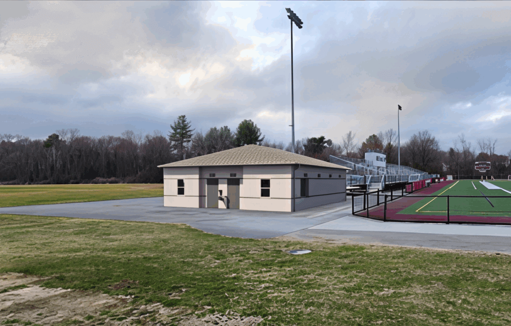 A rendering of the proposed amenities building at the high school. Image via Town of Acton