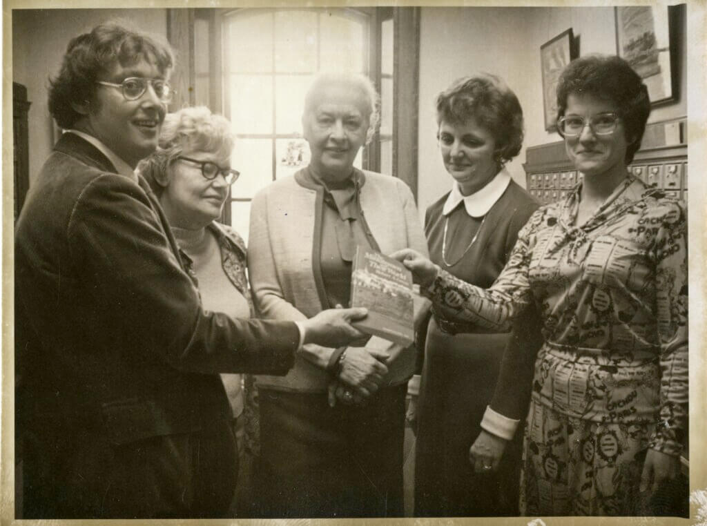 Left to right: Gross, Marcia Moss, the first Special Collections curator; Marynette “Knippy” Barker, a reference librarian; Joan Harris, the Special Collections librarian; and Rose Marie Mitten, the library director, at the 1976 publication party for “Minutemen” held at the library. Photo courtesy of Special Collections, Acton Free Public Library.