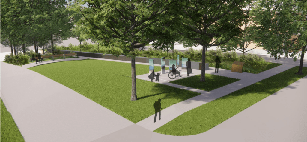An illustration shows a shelved proposal for a memorial park with glass pillars and a long stone wall in Monument Square. Photo via Town of Acton