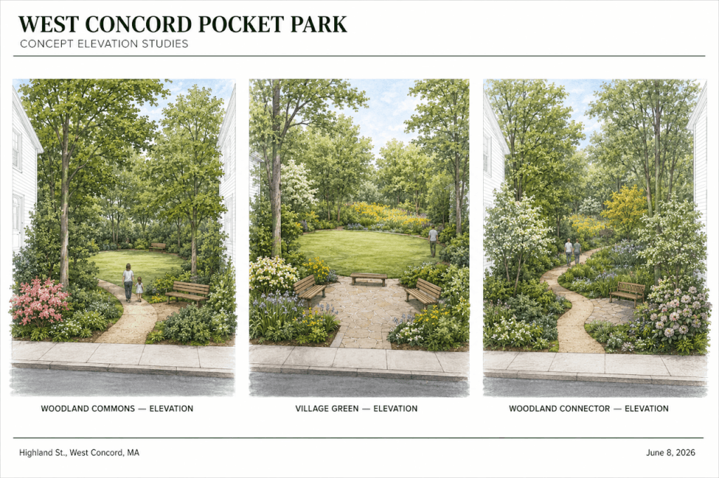 Pocket park supporters envision a mix of trees, grass, and other plants possibly maintained by a new volunteer organization. Courtesy images