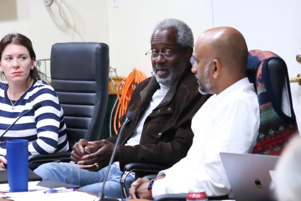 At the October 8 School Committee meeting at Carlisle Town Hall, Michael Williams, center, expressed his frustration with the committee's silence on recent events. Photo: Trace Salzbrener/The Acton Bridge