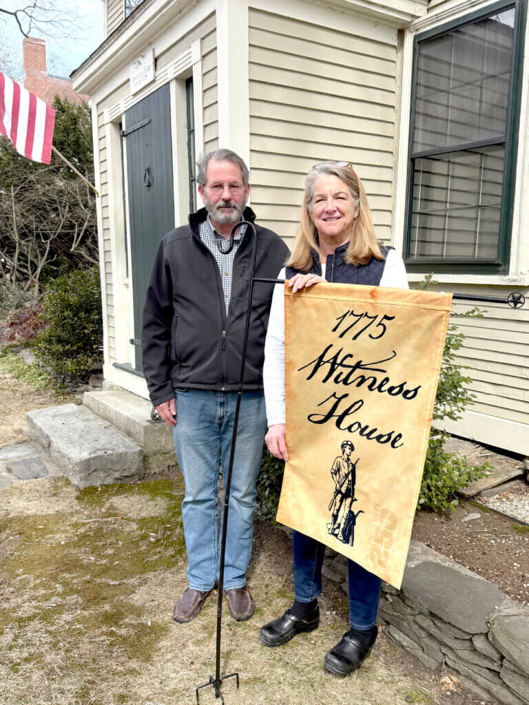 Jeff and Maryann Street at the Jonathan Fiske House, which was built “before 1724,” according to records.  Photo: Laurie O’Neill/The Acton Bridge