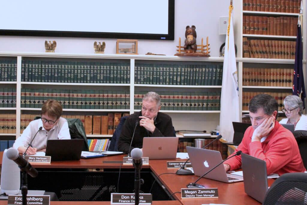Select Board members listen while Town Manager Kerry Lafleur presents her final recommendation for the Fiscal Year 2026 budget. Photo: Dakota Antelman/The Acton Bridge