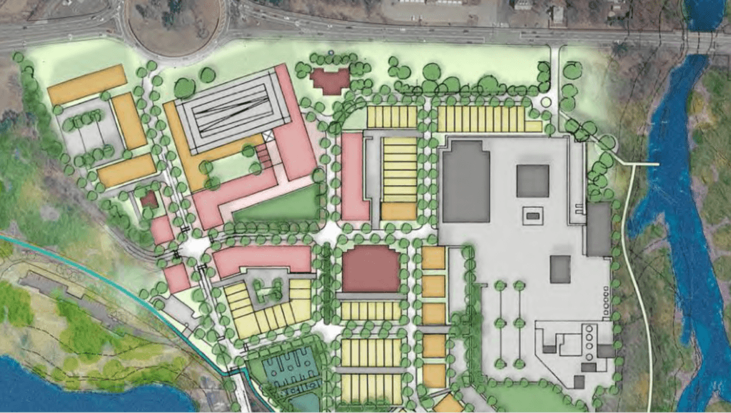 New illustrations show more retail space and a reconfigured public works campus at the MCI-Acton property. Image via Speck Dempsey