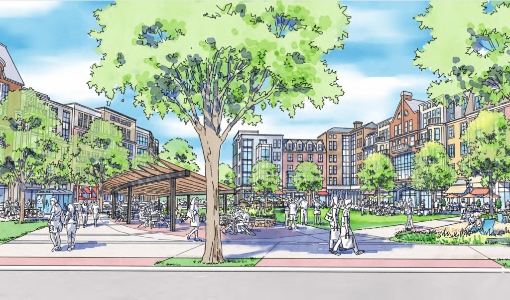 Planners envision a hub of activity around a new central green. Image via Speck Dempsey
