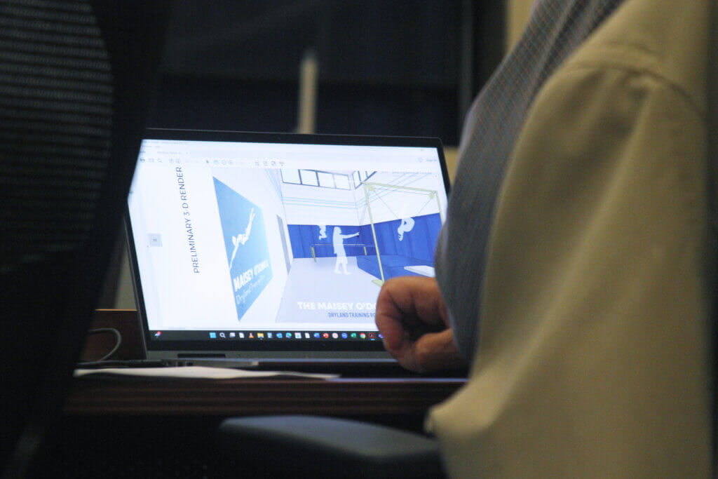 Select Board member Paul Boehm’s computer screen shows a rendering of the proposed Maisey O’Donnell Dryland Training Room. Photo: Dakota Antelman/The Acton Bridge