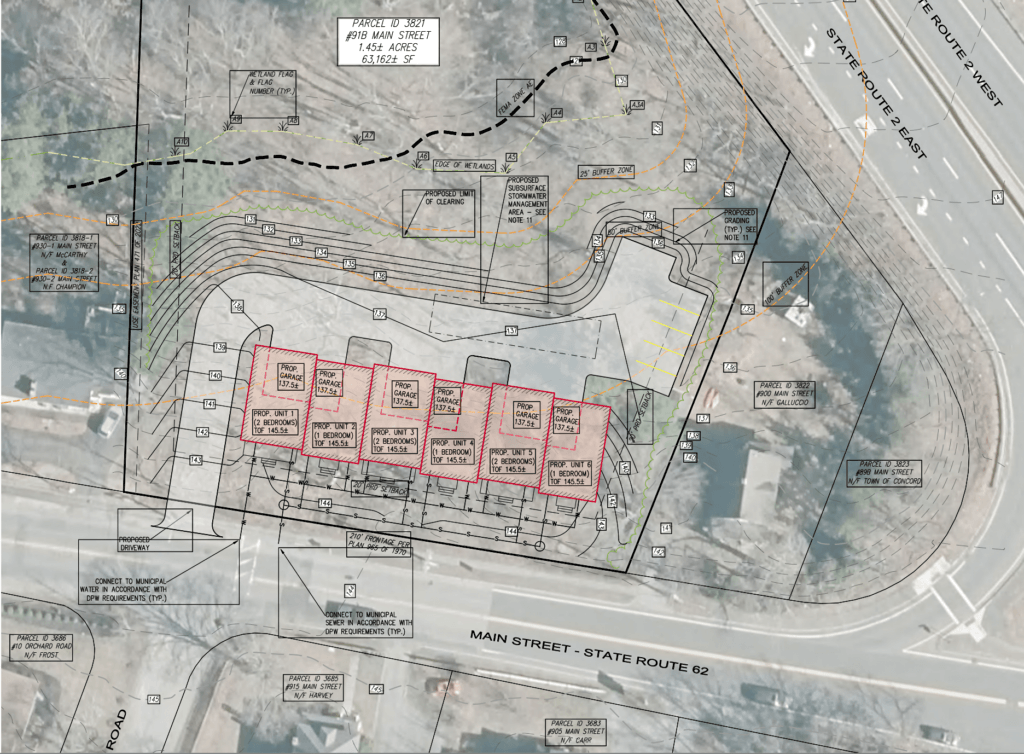 A new concept envisions as many as six housing units on currently-stated owned property near the corner of Main Street and Route 2. Image via Dillis & Roy Civil Design Group