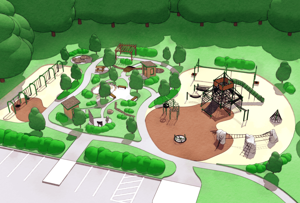A rendering shows what the envisioned Thoreau’s Backyard playground at Thoreau Elementary School could look like. Courtesy photo