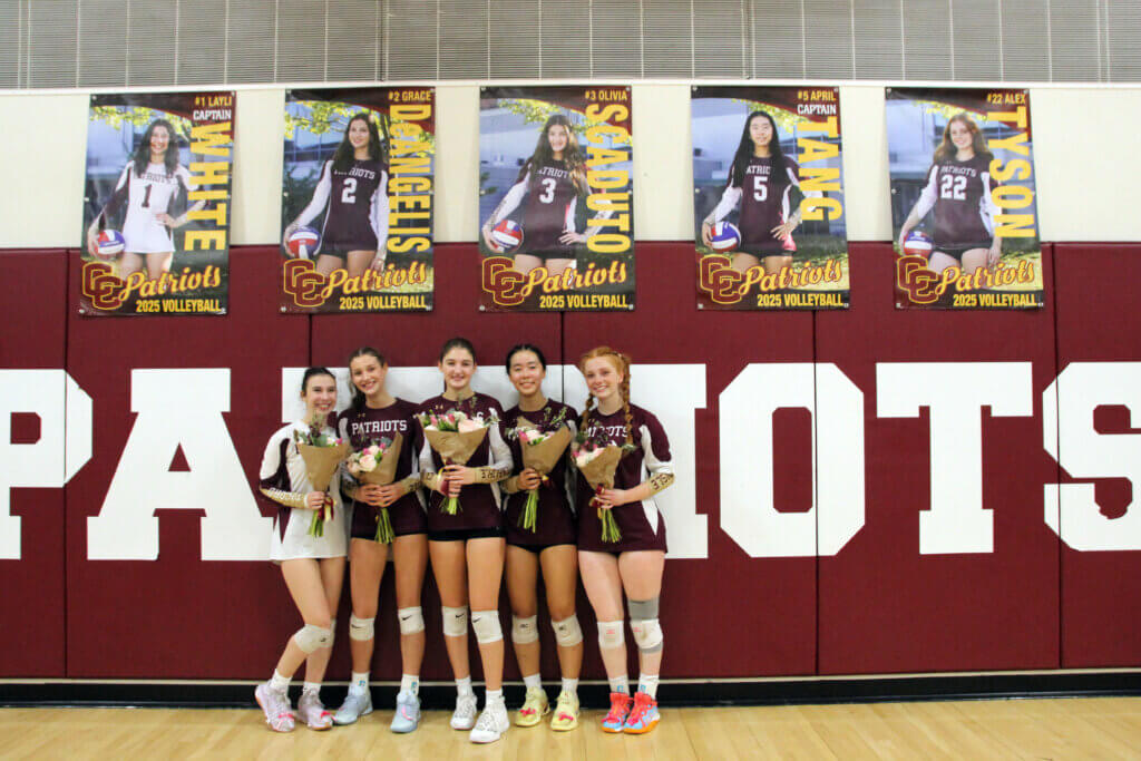 Acton-Carlisle volleyball celebrates its five seniors (left to right): Layli White, Grace DeAngelis, Olivia Scaduto, April Tang, and Alex Tyson. Photo by Debra Antonangeli