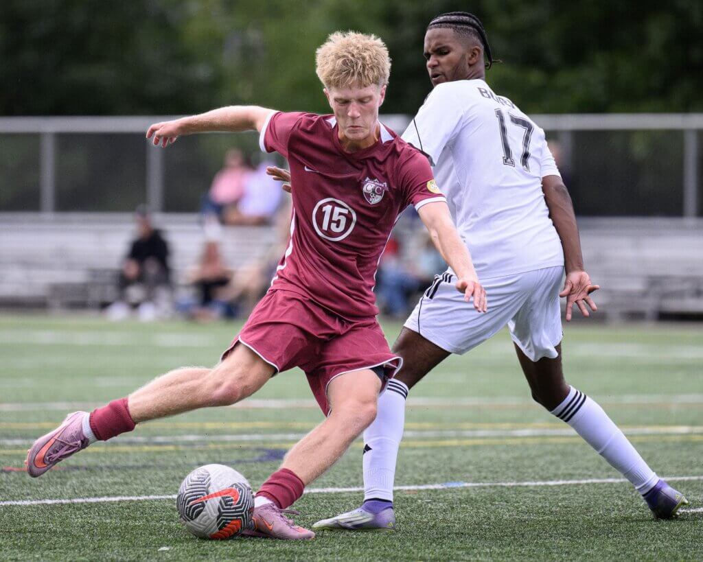 Oscar Neijstrom launches a shot on goal for CCHS. Photo by Jon Straggas