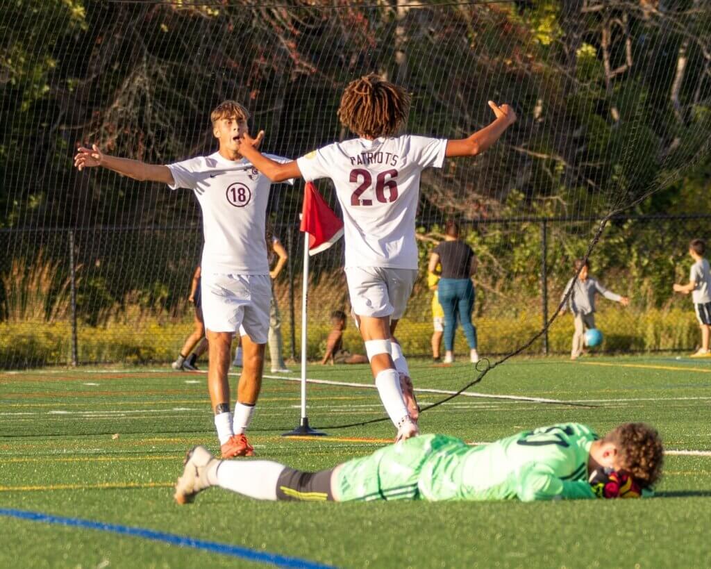 No. 18 Max Hepworth (one goal, three assists) and No. 26 Rory Best (two goals) led the Patriots offense in a 4-0 road victory over Framingham on September 10. Photo by Rebecca Woodward