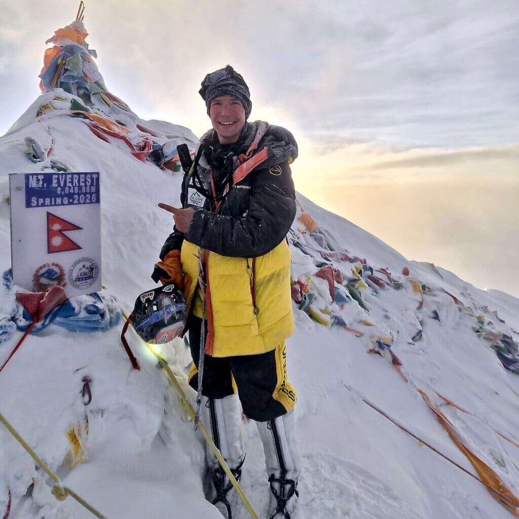 Acton native Tyler Andrews at the summit of Mount Everest on May 28. Photo courtesy of Tyler Andrews