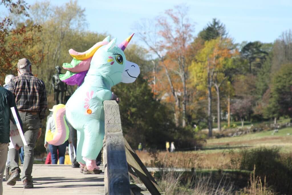 A person in an inflatable unicorn costume takes in the view from North Bridge shortly before the protest. Photo: Dakota Antelman/The Acton Bridge