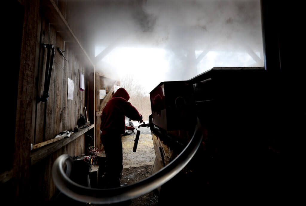 Sap is drawn from the evaporator into a hydrometer to measure density of the liquid on March 5, 2026. Farmers use the Brix scale and with a desired percentage of sugar content is achieved, the liquid is declared to be maple syrup. Ken McGagh/The Acton Bridge