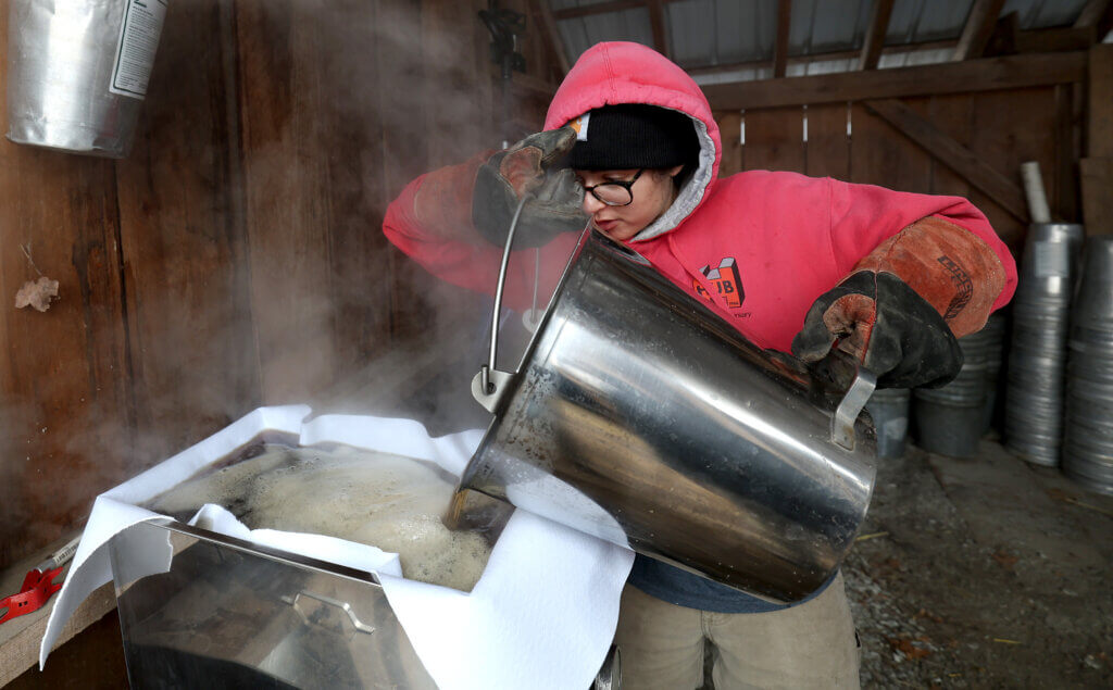 Gaining Ground farmer Ava Lublin pours maple syrup into a finishing pan to be boiled some more, the final step of the process, on Thursday, March 5,2026. Ken McGagh/The Acton Bridge