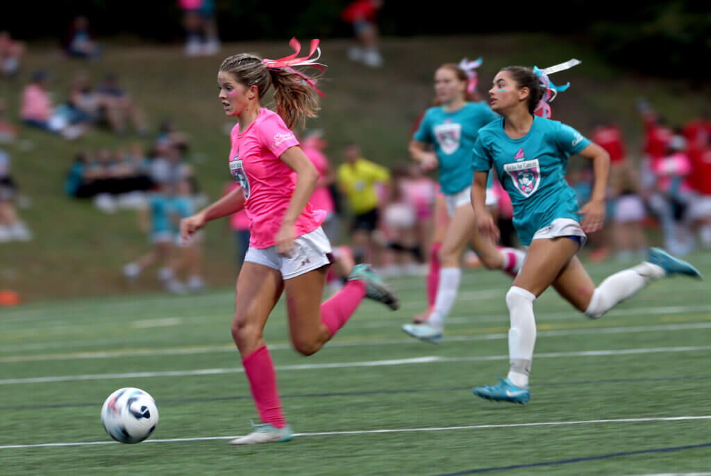 O’Donnell, left, moves the ball upfield against Lincoln-Sudbury during the 1Kicks for Cancer tournament at Acton-Carlisle High School on Saturday, September 27, 2025.  Ken McGagh/The Acton Bridge