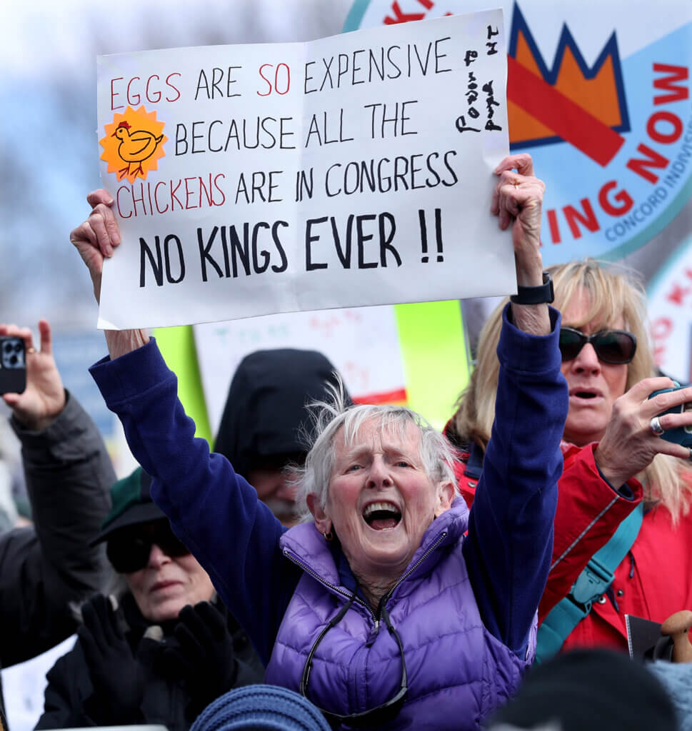 Anita Walker of Acton shouts in support of speakers at the No Kings protest. Photo: Ken McGagh/The Acton Bridge 
