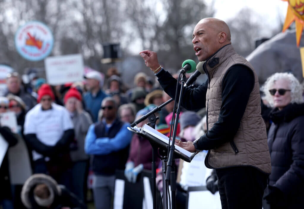 Former Gov. Deval Patrick delivers the final speech from the stage.
