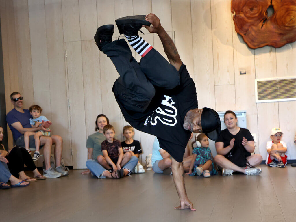 Brandon “Peace” Albright of Philadelphia-based dance company Illstyle & Peace Productions demonstrates his breaking skills during a Juneteenth Family Performance at the Acton Museum.