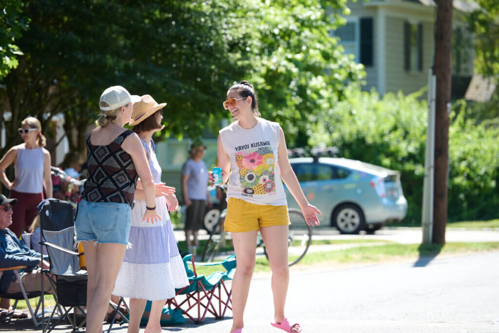 _DSC5530 Lauren Brown, Drummer for Mediocre Mike (an all female band from Acton) talks with friends. Photo by Edward Feather