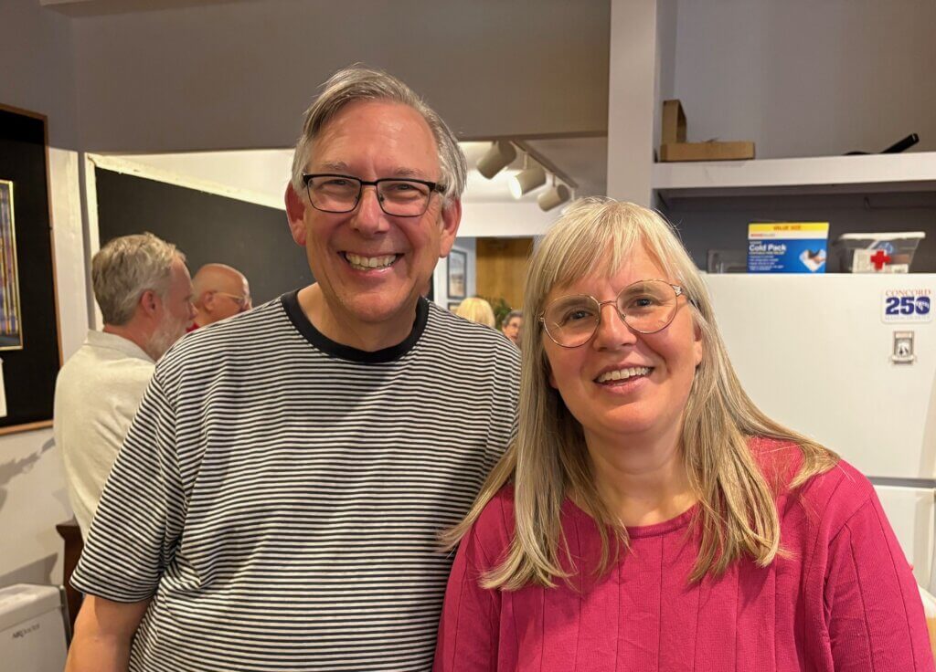 French horn musician Jean Patterson of Andover with composer Roger Cichy, whom she commissioned to create a work based on Edgar Allan Poe’s Gothic tales for the Acton Band. Courtesy photo