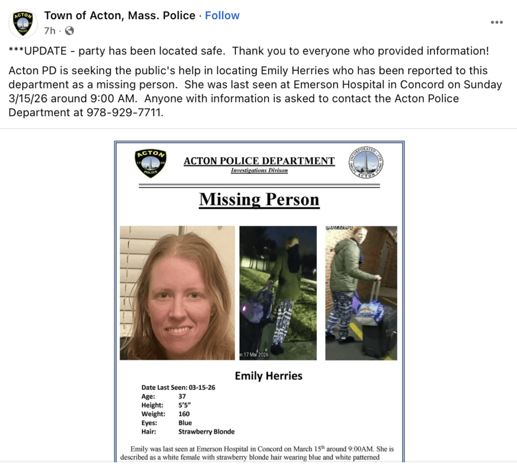 Acton police announced a 37-year-old woman had been found safe Tuesday after a search around Emerson Hospital in Acton. Image via Acton Police Department