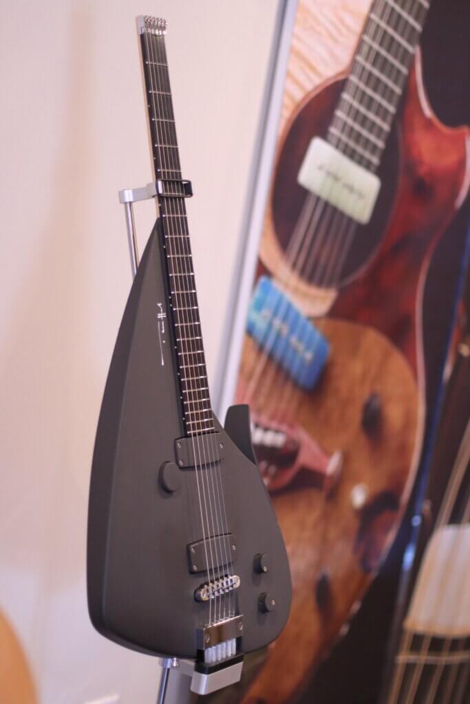 An Ulrich Teuffel “Tesla model” guitar on display at the pop-up exhibit. Teuffel was inspired by Nikola Tesla when designing it. Photo: Trace Salzbrenner/The Acton Bridge
