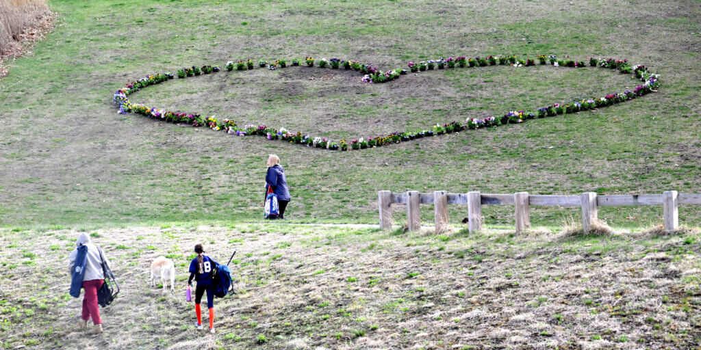 Students at Acton-Carlise High School created a heart made of flowers on campus following the loss of seniors Jimmy McIntosh, Maisey O’Donnell and Hannah Wasserman. Ken McGagh/The Acton Bridge