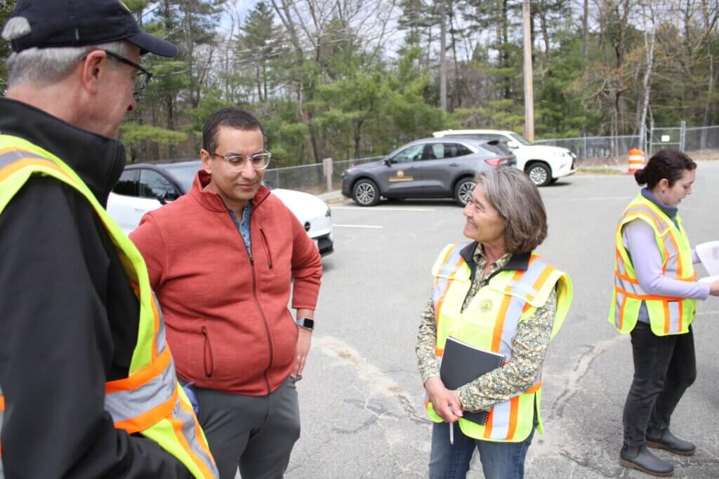 Bruce Thompson, Acton Town Counsel Mina Makarious, and Natural Resources Director Delia Kaye chat after touring 2229 Main Street. Photo: Dakota Antelman/The Acton Bridge