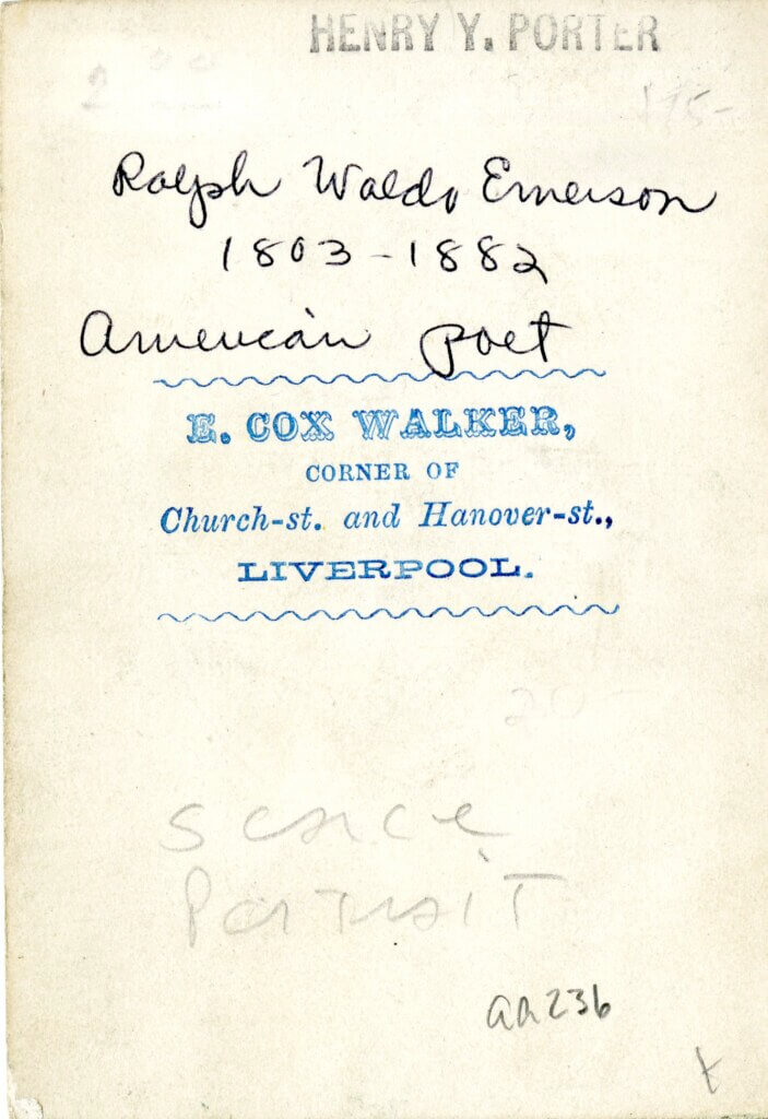 The back of the carte-de-visite that carries Emerson’s image shows that it was made in Liverpool in the 1860s. Courtesy of Special Collections
