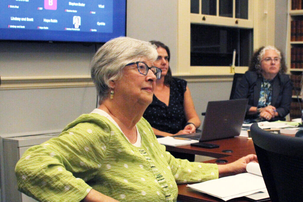 Tax Relief Evaluation Task Force co-Chair Lynn Salinger listens to public comment during a Select Board presentation. Photo: Dakota Antelman/The Acton Bridge