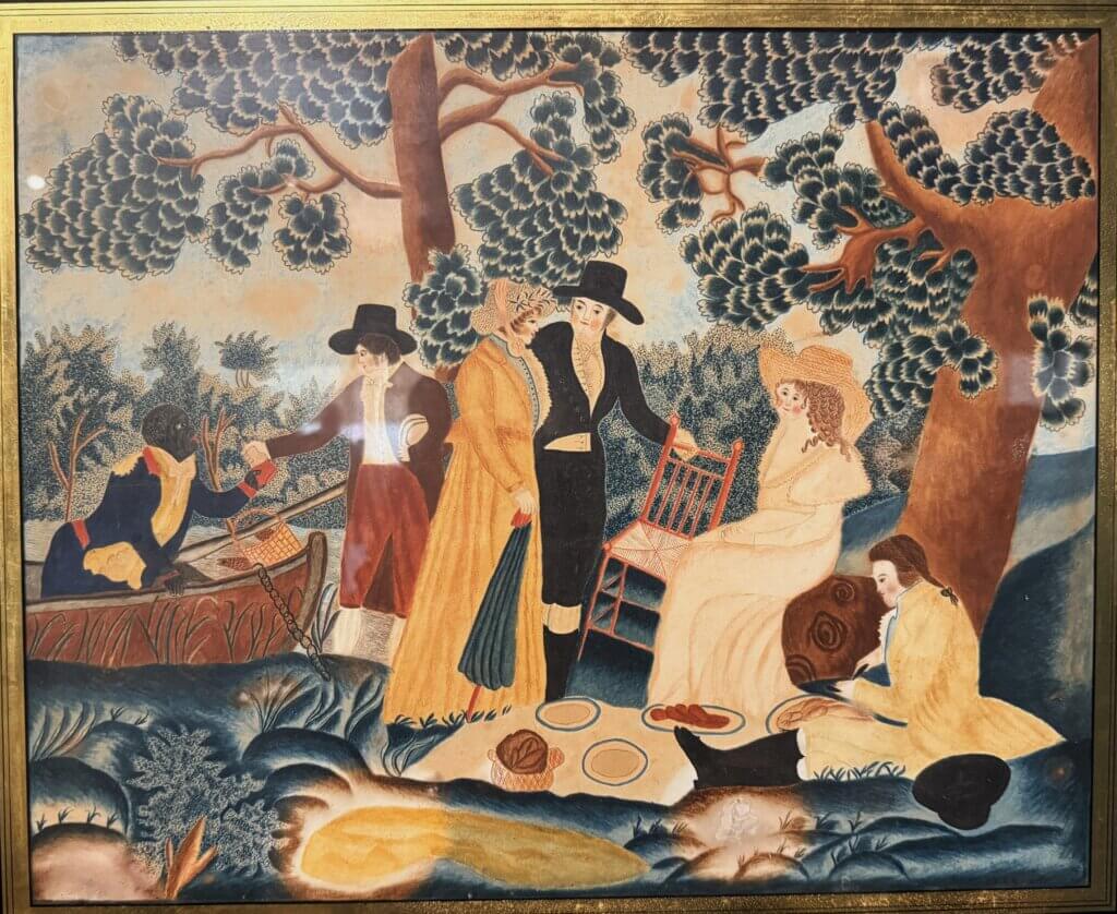 “The Angler’s Report,” a watercolor circa 1806 by Lydia Hosmer of Acton. Photo: Laurie O’Neill/The Acton Bridge
