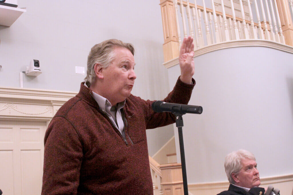 Old Marlboro Road resident Jim Jackson speaks during an April 9 Planning Board hearing. Photo: Dakota Antelman/The Acton Bridge