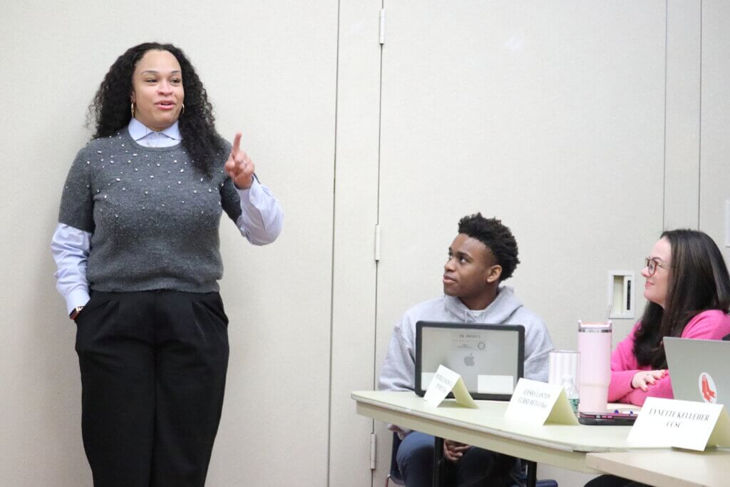 METCO President and CEO Kandice Sumner speaks to the School Committee about her recent tour of Acton schools. Photo: Trace Salzbrenner/The Acton Bridge