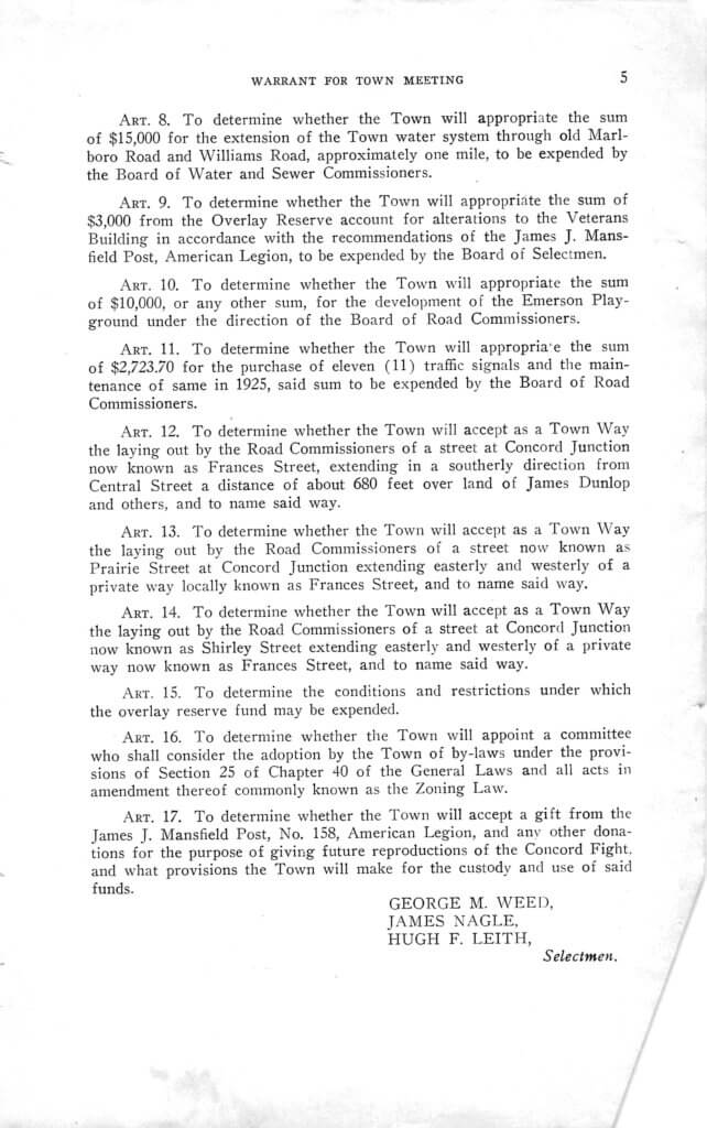 The Town Meeting warrant in 1925 included an appropriation of “$2,723.70 for the purchase of eleven (11) traffic signals.” Photo courtesy of Town of Acton Archives