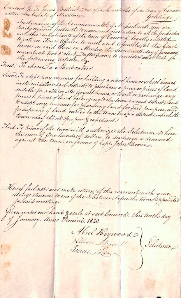 The 1820 Town Meeting warrant had only three articles. Photo courtesy of Nate Smith