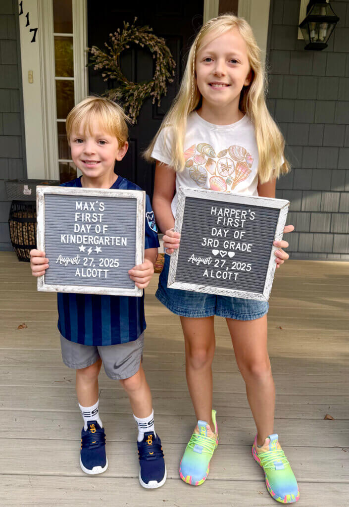 Max Strange, 5, starts kindergarten at Alcott Elementary School, where big sister Harper, 8, is in third grade.