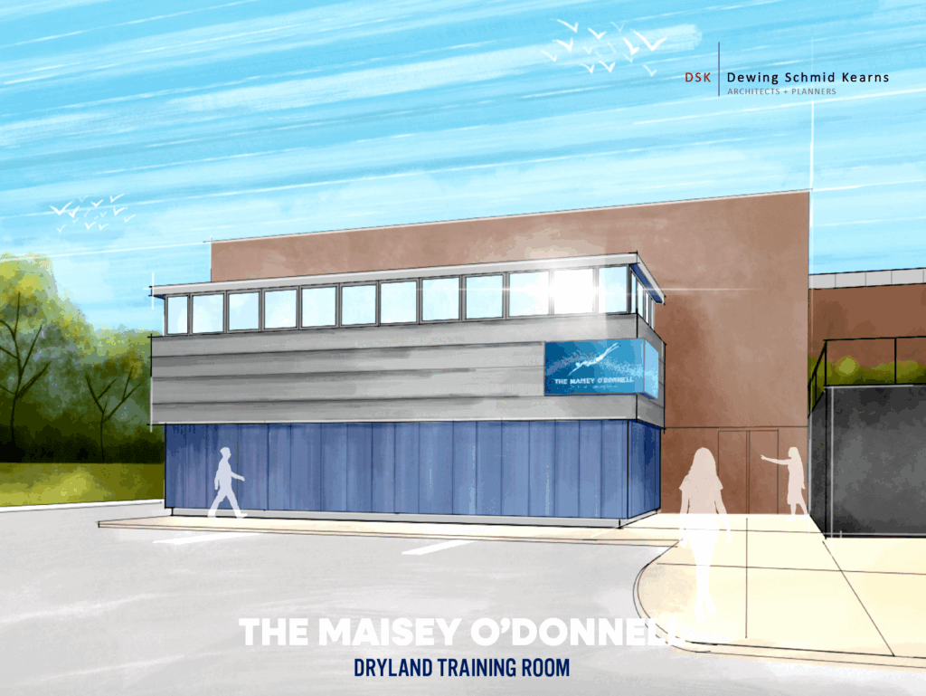 An artist’s rendering shows an exterior view of the proposed Maisey O’Donnell Dryland Training Room at the Beede Swim and Fitness Center. Image via DSK Architects + Planners