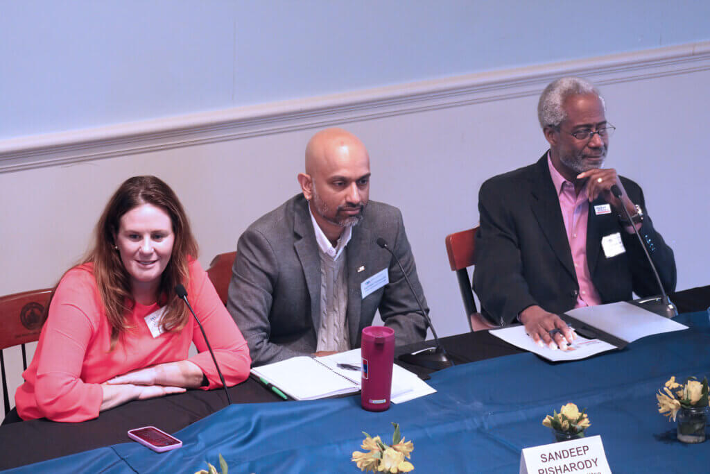 School Committee candidates Alexa Anderson, Sandeep Pisharody, and Michael Williams made their case for election at the forum. Photo: Laura Hayes/The Acton Bridge