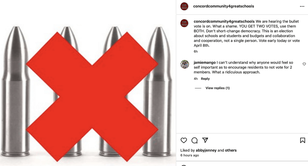 Acton Community for Great Schools posted and then removed this Instagram image showing four bullets under a large red X. Image via Instagram