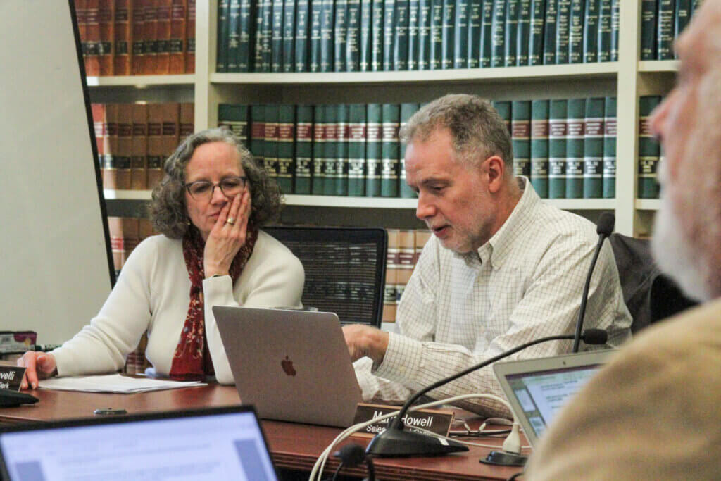 Select Board Chair Mark Howell, center, said that the panel could revisit its procedures for document editing outside of public meetings after a set of Open Meeting Law complaints. Photo: Dakota Antelman/The Acton Bridge