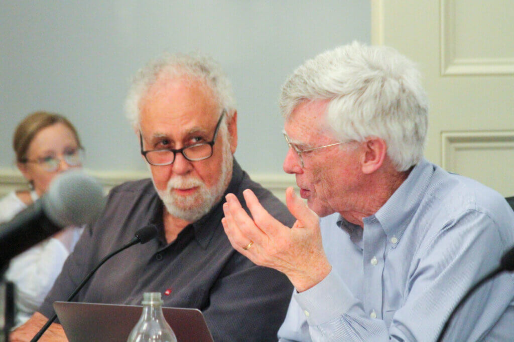 New Select Board member Dean Banfield, right, cast the deciding vote for Cameron McKennitt as clerk. Photo: Dakota Antelman/The Acton Bridge