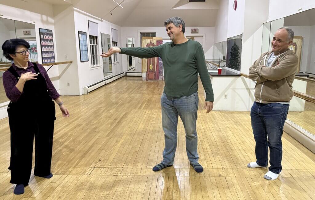 Left to right: Jasmine Hall, Brian Sensale, and Jon Linden rehearse “Twelfth Night.” Photo by Laurie O’Neill