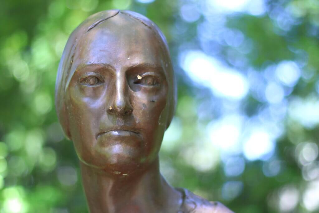 Sculptor Penelope Jencks' statue of Margaret Fuller outside the Acton Free Public Library. Photo by Trace Salzbrenner/The Acton Bridge