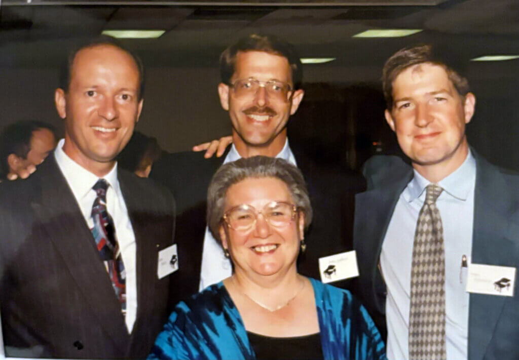 Thirty years ago, students from all over the country gathered to perform a concert for Dorothy DiDomenico, their former Acton-Carlisle High School teacher. Left to right: Bob Sirois, John Gilbert, and Mike Dinneen with “Mrs. Di.” Courtesy photo