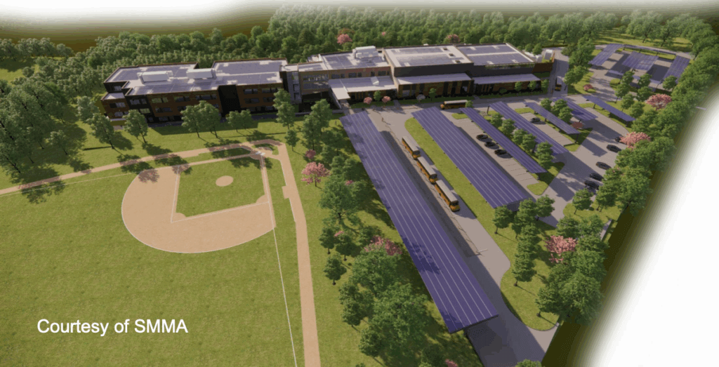 An illustration shows the full scope of envisioned rooftop solar panels and parking lot canopies at CMS, which spurred questions about battery safety. Image via SMMA