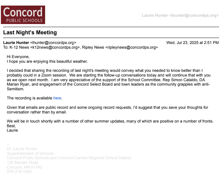 A screenshot of an email that schools Superintendent Laurie Hunter sent to district employees on July 23. Image via Acton Public Schools
