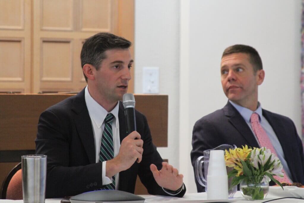 State Rep. Simon Cataldo greets attendees at a Special Commission on Combatting Antisemitism hearing. Photo: Dakota Antelman/The Acton Bridge