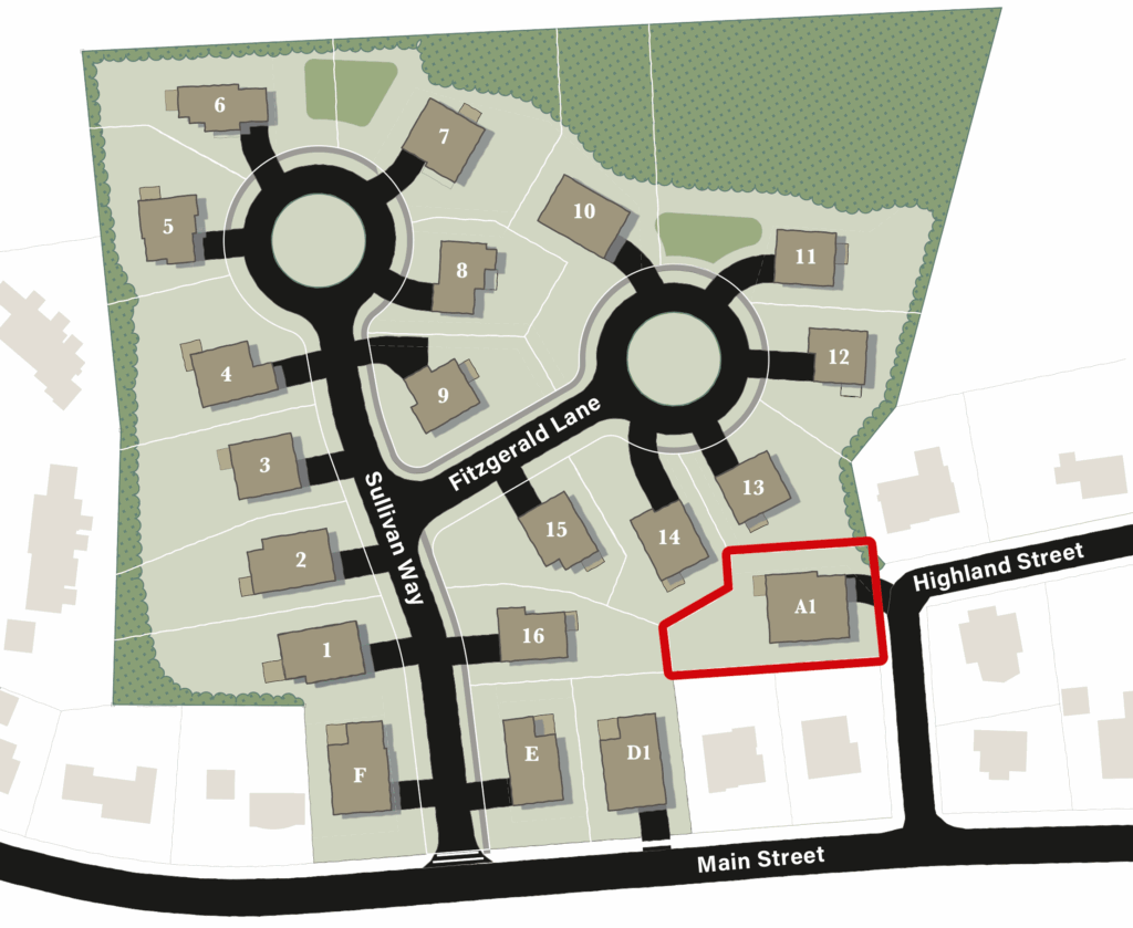 The proposed location of a pocket park is outlined in red. If the town acquires the land, the
single-family home shown on the lot wouldn’t be built. Image courtesy of Symes Associates, Inc.